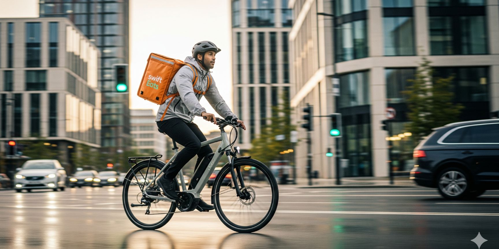 Ein Fahrradkurier eines Quick-Commerce-Dienstes auf einem E-Bike während der schnellen Auslieferung in einer modernen städtischen Umgebung. Das Bild symbolisiert die Geschwindigkeit und den Fokus von qCommerce auf die letzte Meile.